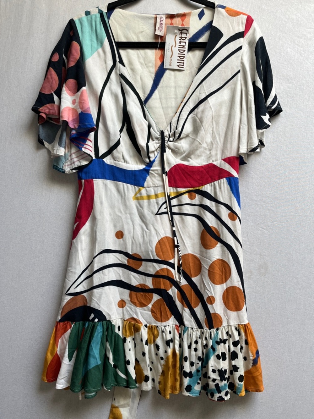 NWT Serendipity Maui Lily Abstract Rayon Flutter Sleeve Mini Dress S